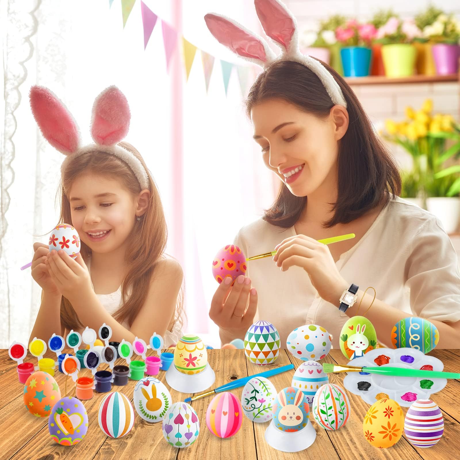 SpringFlower White Easter Eggs Painting Kit-24 Paintable Flocking Eggs with Doodle Kit for DIY Design-Hanging Flocking Eggs with Rope for Easter