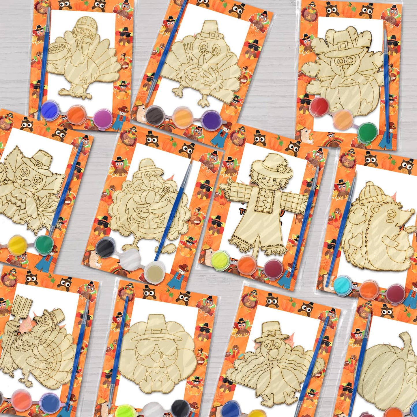 SYUCVQI 12 Pack Fall Thanksgiving Wooden Painting Craft Kits for Thanksgiving Party DIY Coloring Wooden Turkey Scarecrow Pumpkin Harvesting Art