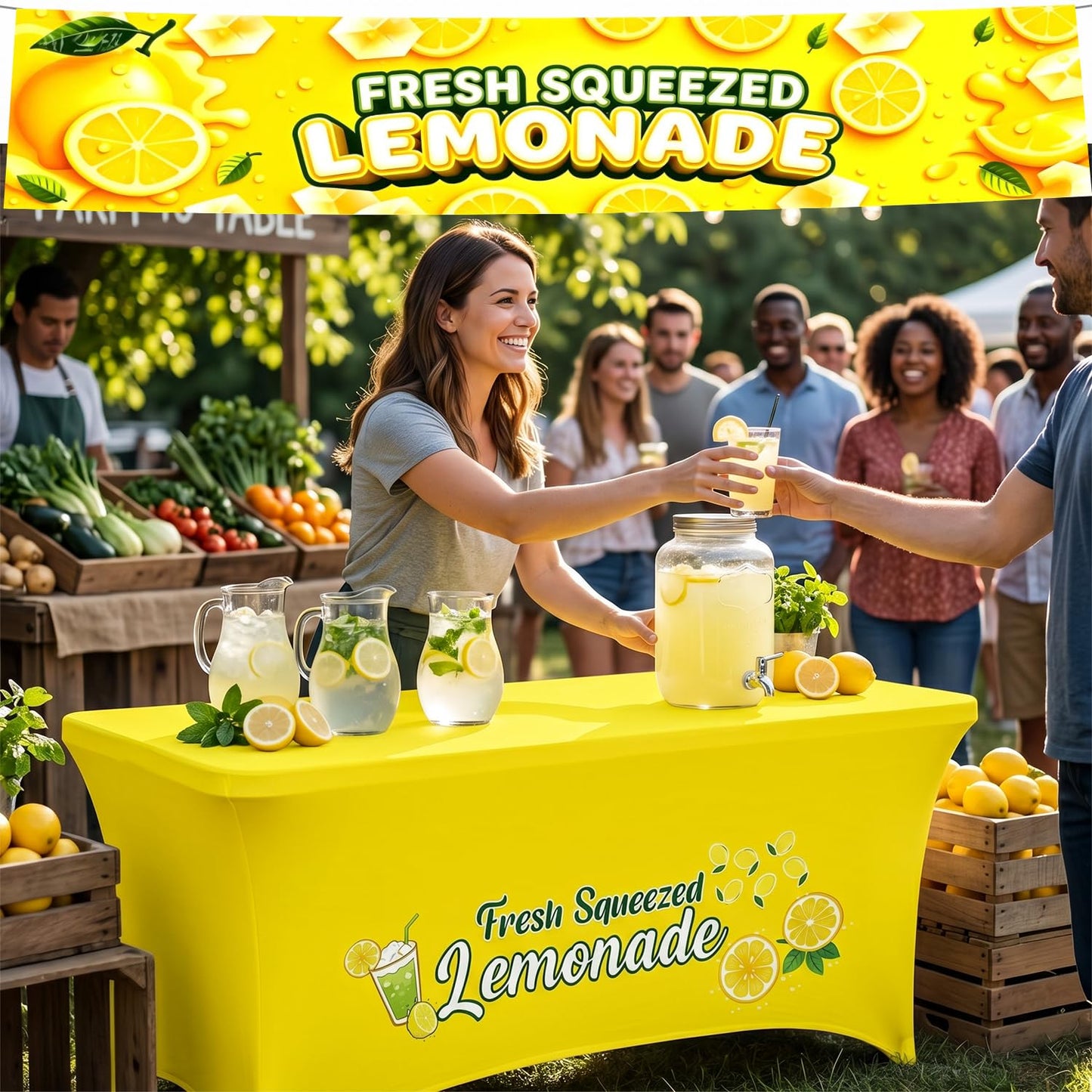 GOGOBAY 6 ft Yellow Lemonade Stand Open Back Tablecloth with 2 x 10 ft Lemonade Vinyl Banner, Stretch Spandex Table Cover for Lemonade Stand Supplies