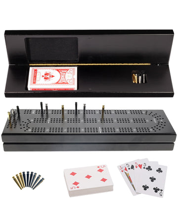 WE Games Wooden Cribbage Board Game Set with Storage, Black Stained Continuous 3 Track Card Game for 2-3 Players