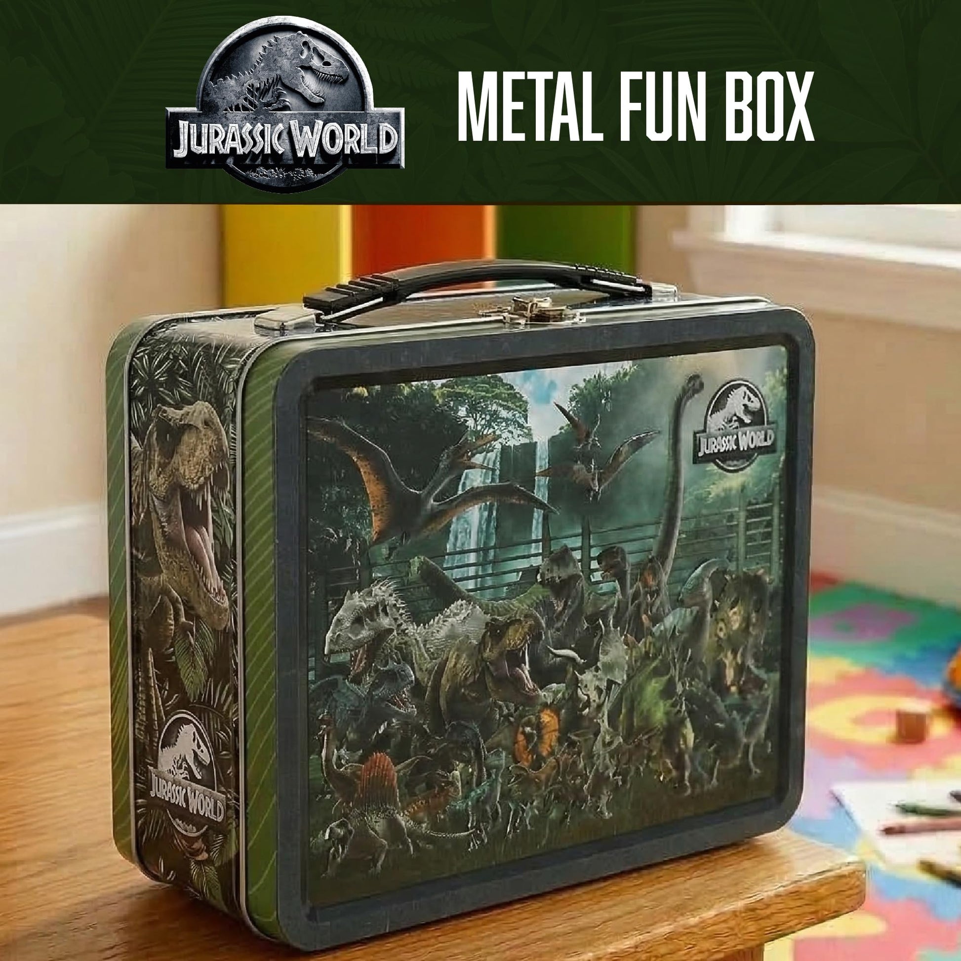 AQUARIUS Jurassic World Fun Box 8 x 6 Inches - Dinosaur Tin Storage Organizer Collectible Merchandise Gift for Kids and Teens