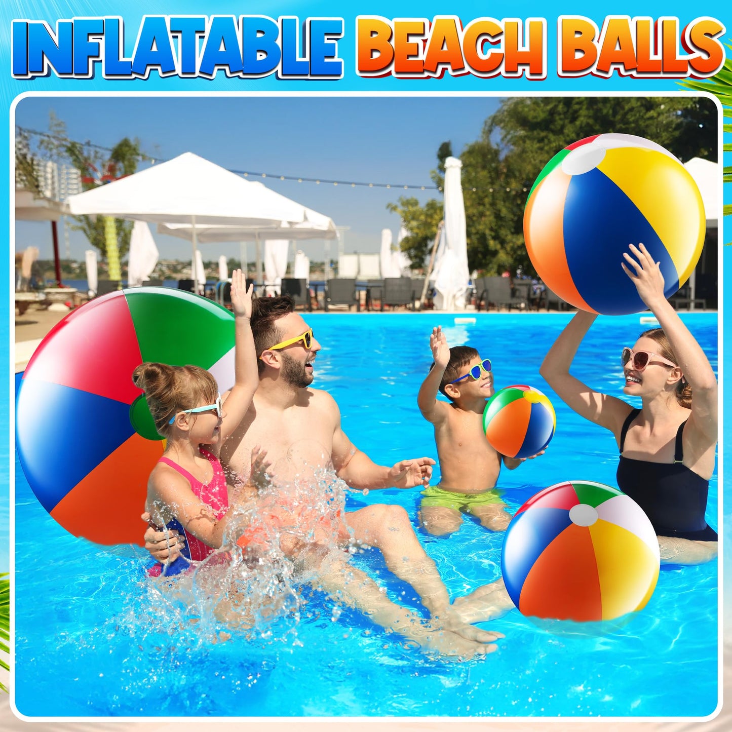 Inflatable Beach Balls (4-Pack) Rainbow Pool Ball Toys in 4 Assorted Sizes