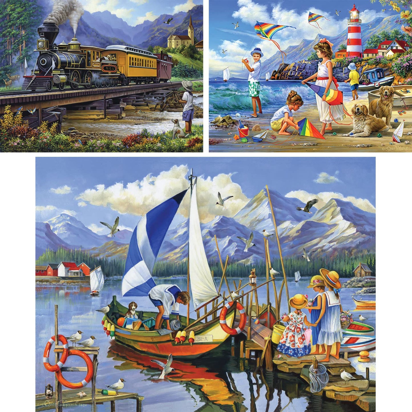 Bits and Pieces - Value Set of Three 300 Piece Jigsaw Puzzles for Adults - Old Steam Train, Flying High, Bon Voyage Jigsaw Puzzles by Artist Oleg