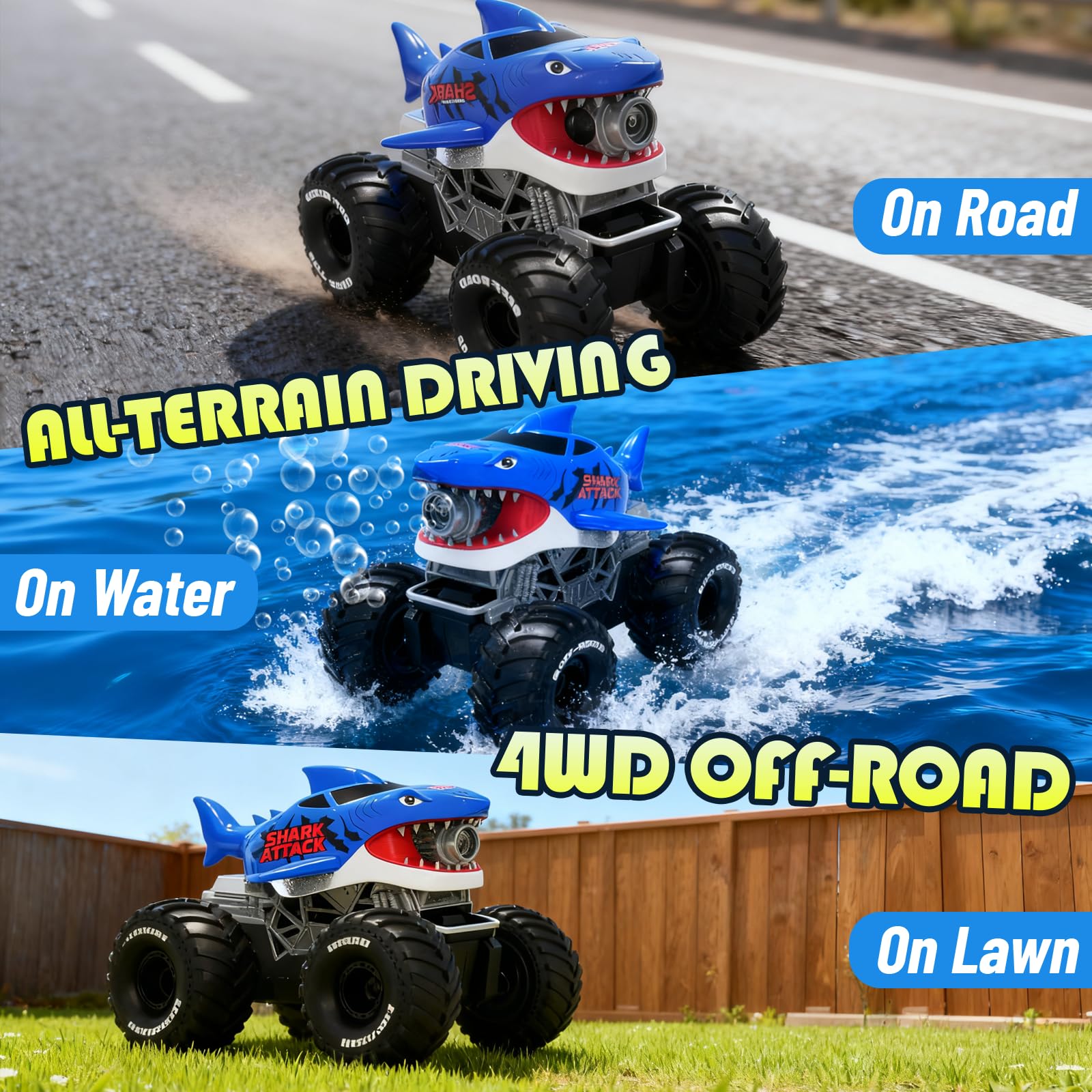 MOMONOVA Amphibious RC Monster Truck Toy with Bubble Maker for Kids 4-7 8-12, 4WD All-Terrain Waterproof Shark Remote Control Car Truck, 360°