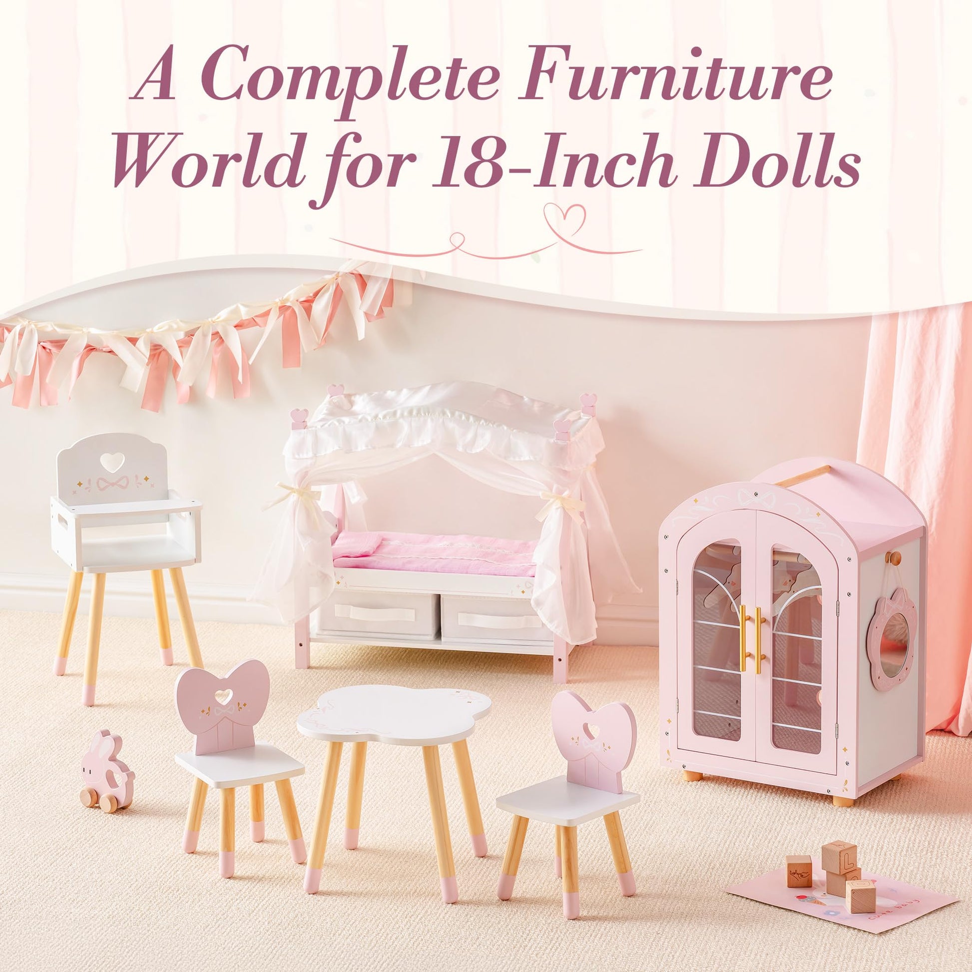ROBOTIME 18 Inch Doll Bed with Canopy, Wooden Doll Bed with Fabric Storage Drawers, Bedding & Pillow, Pink Doll Furniture for 18 Inch Dolls, Pretend
