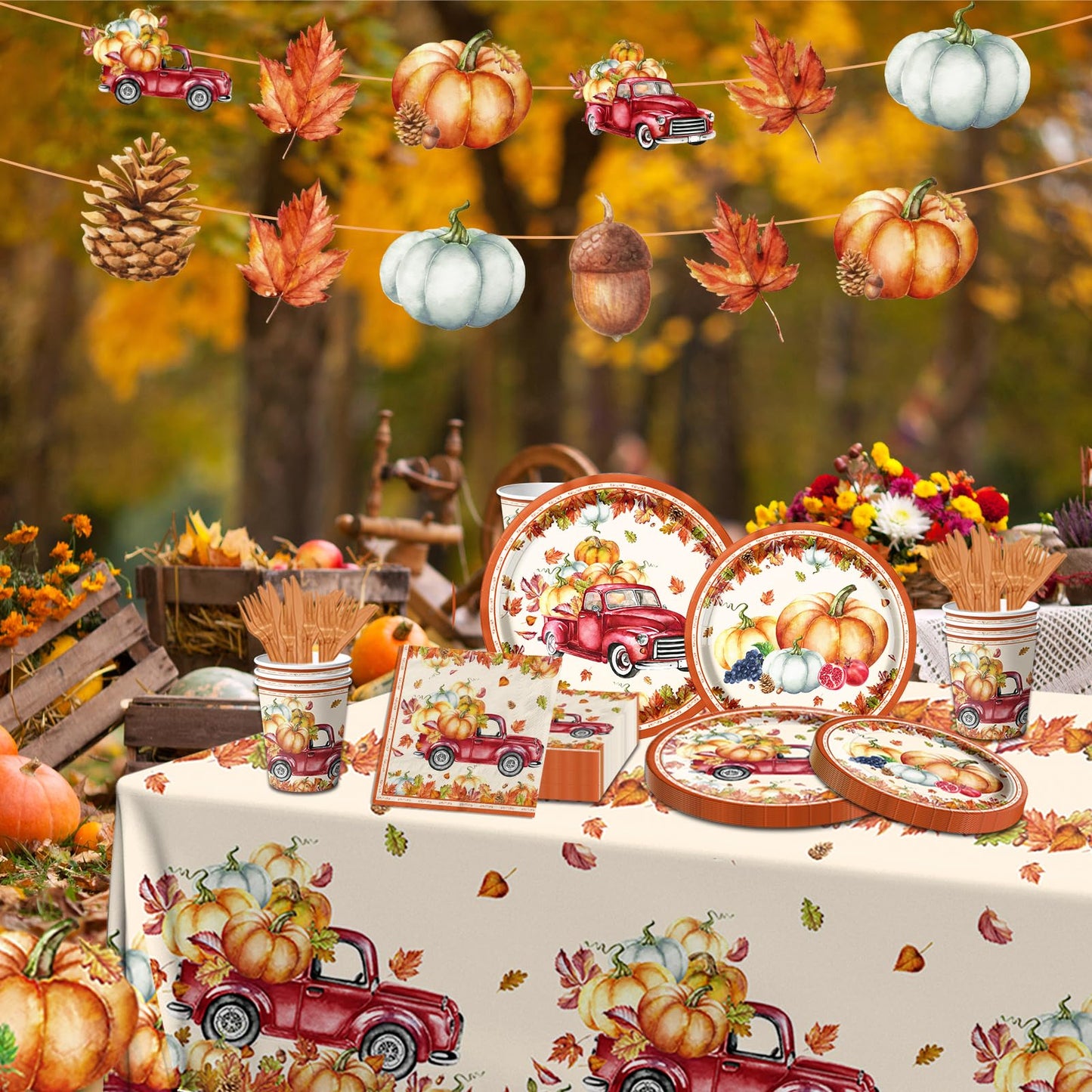 142Pcs Fall Party Plates and Napkins Party Supplies, Autumn Pumpkin Leaves Tableware Set with Cups,Banner,Pumpkin Tablecloth for Fall Harvest Party