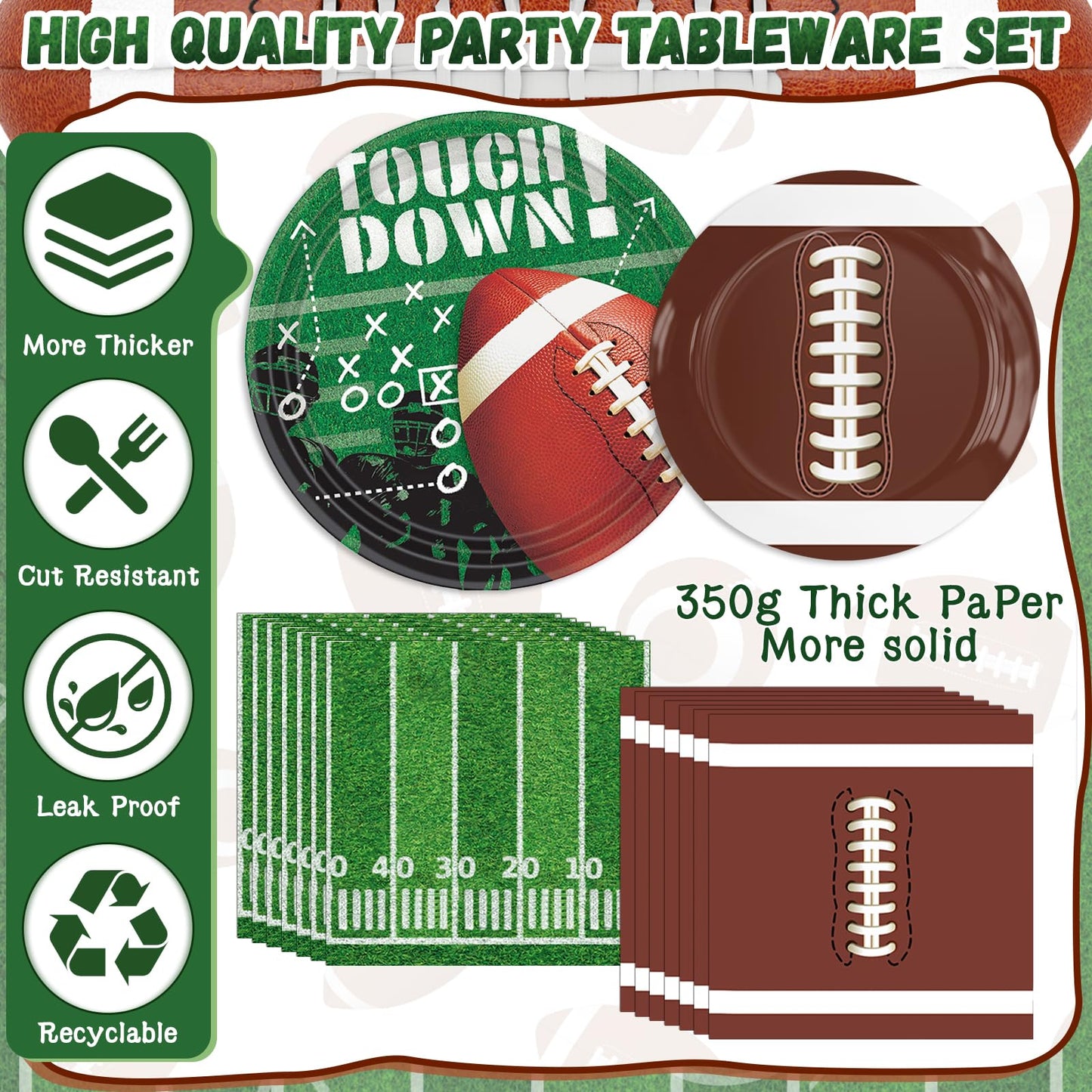 140PCS Football Party Supplies Tableware Set Serve 24, Football Birthday Party Decorations Includes Plates Napkins Cups Banner Balloons Cake