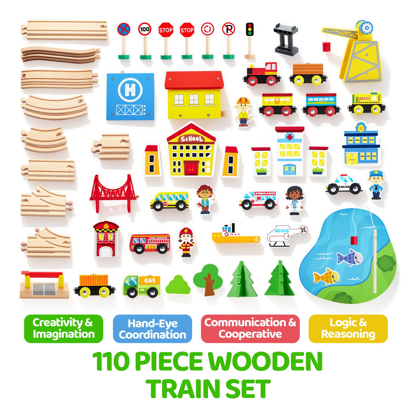 110PCS Wooden Train Set - Toy Magnetic Trains with Wooden Track Set for Kids Ages 3-8, City Scene Railway Set, Perfect Easter Birthday Gift