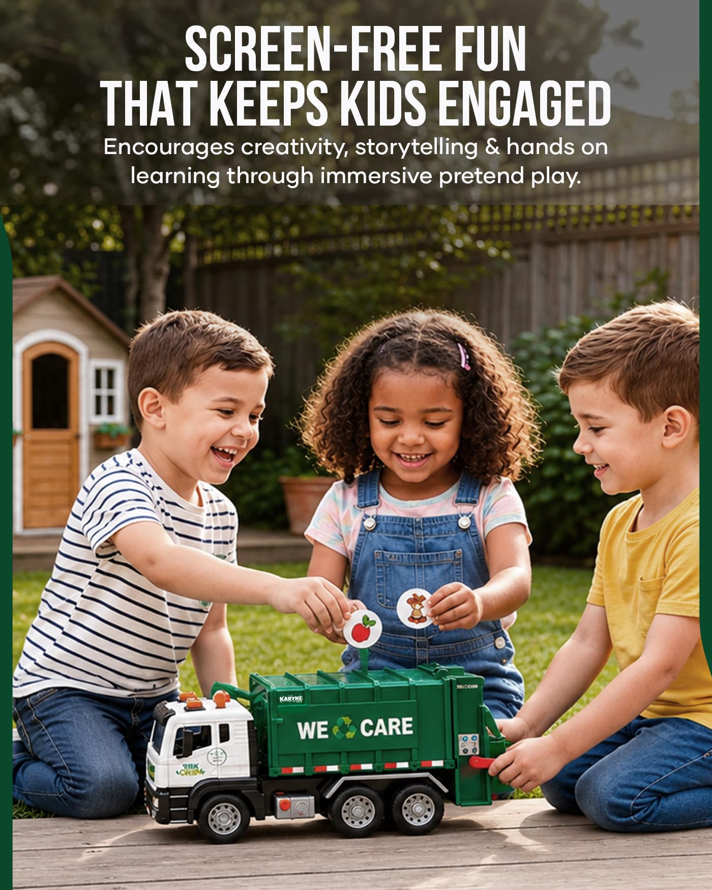 KARYNE TOYS Garbage Truck Toys for Toddlers 1-3+ Age, Includes Safety Vest, 4 Trash Bins, 40 Learning Cards with Lights & Sounds, Trash Truck Toy Set