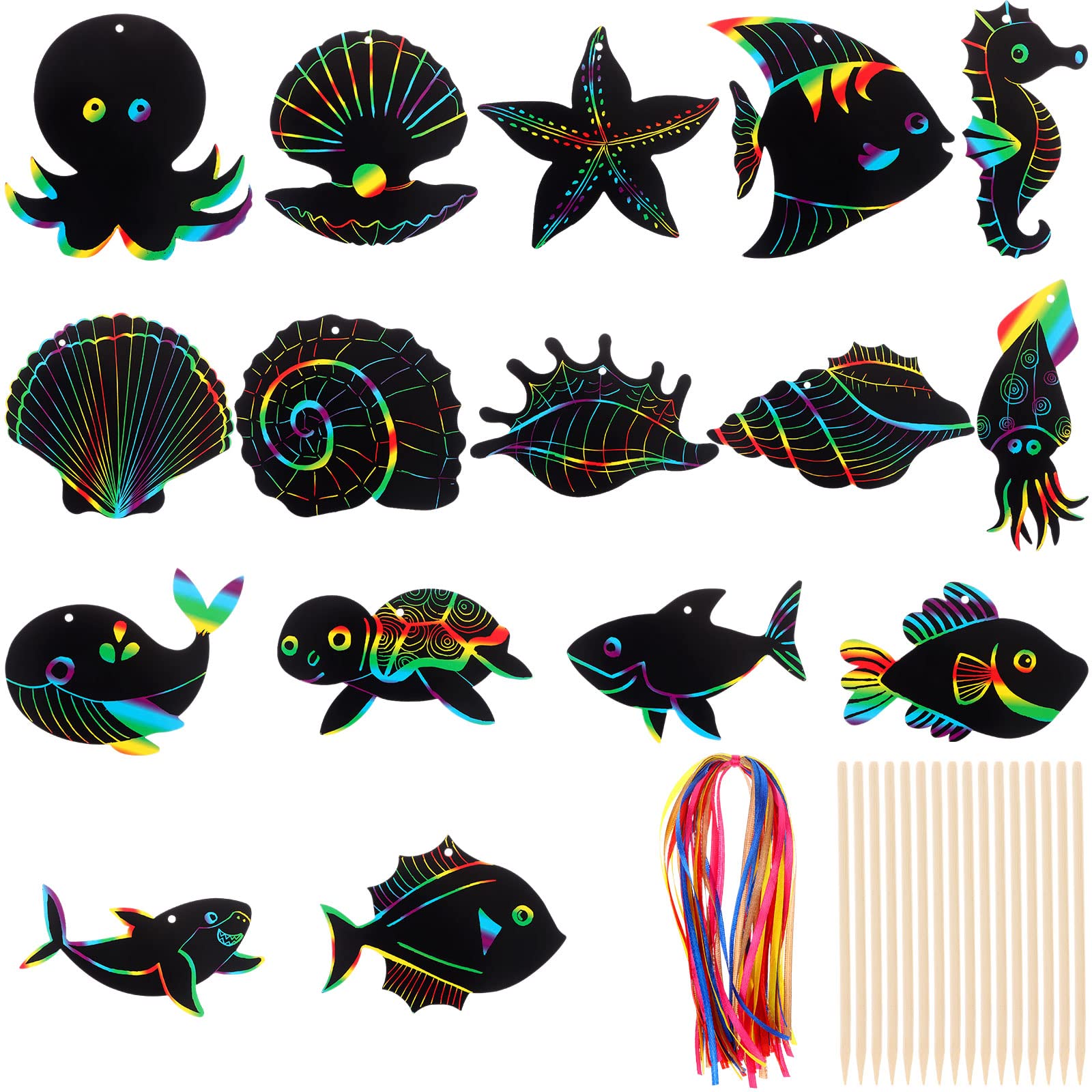 64 Pcs Sea World Theme Scratch Cards Rainbow Color Scratch Crafts Art Card Shell Dolphin Starfish Tortoise Scratch Card Art Kit with 70 pcs Wood
