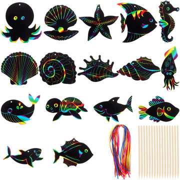 64 Pcs Sea World Theme Scratch Cards Rainbow Color Scratch Crafts Art Card Shell Dolphin Starfish Tortoise Scratch Card Art Kit with 70 pcs Wood