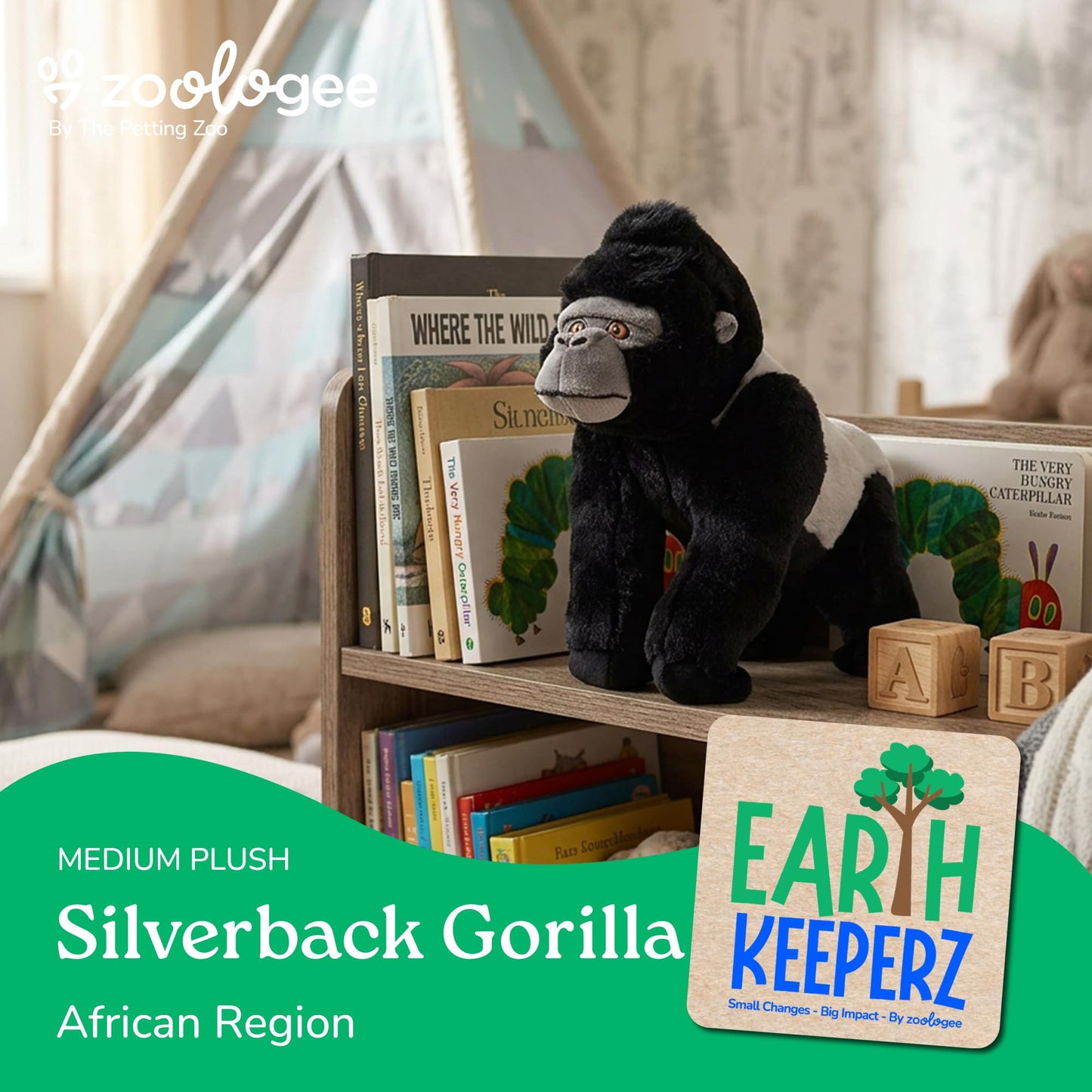 The Petting Zoo Silverback Gorilla Stuffed Animal Plushie, Gifts for Kids, Earth Keeperz Wildlife Animals, Zoologee Black Silverback Gorilla Plush