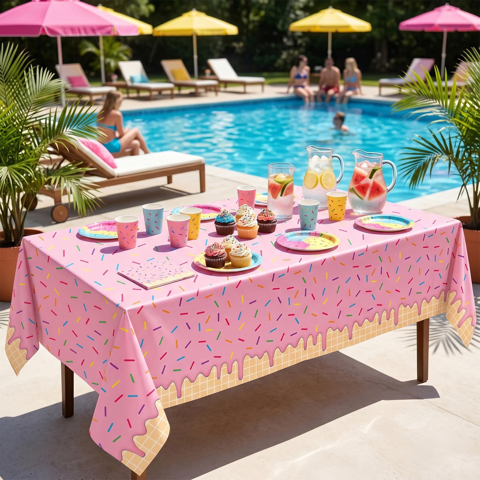 Broeify 3-Piece 54 x 108 Inch Summer Dessert Plastic Tablecloth - Blue, Yellow, Pink Sprinkle Design, Disposable Rectangle Table Cover for Birthday