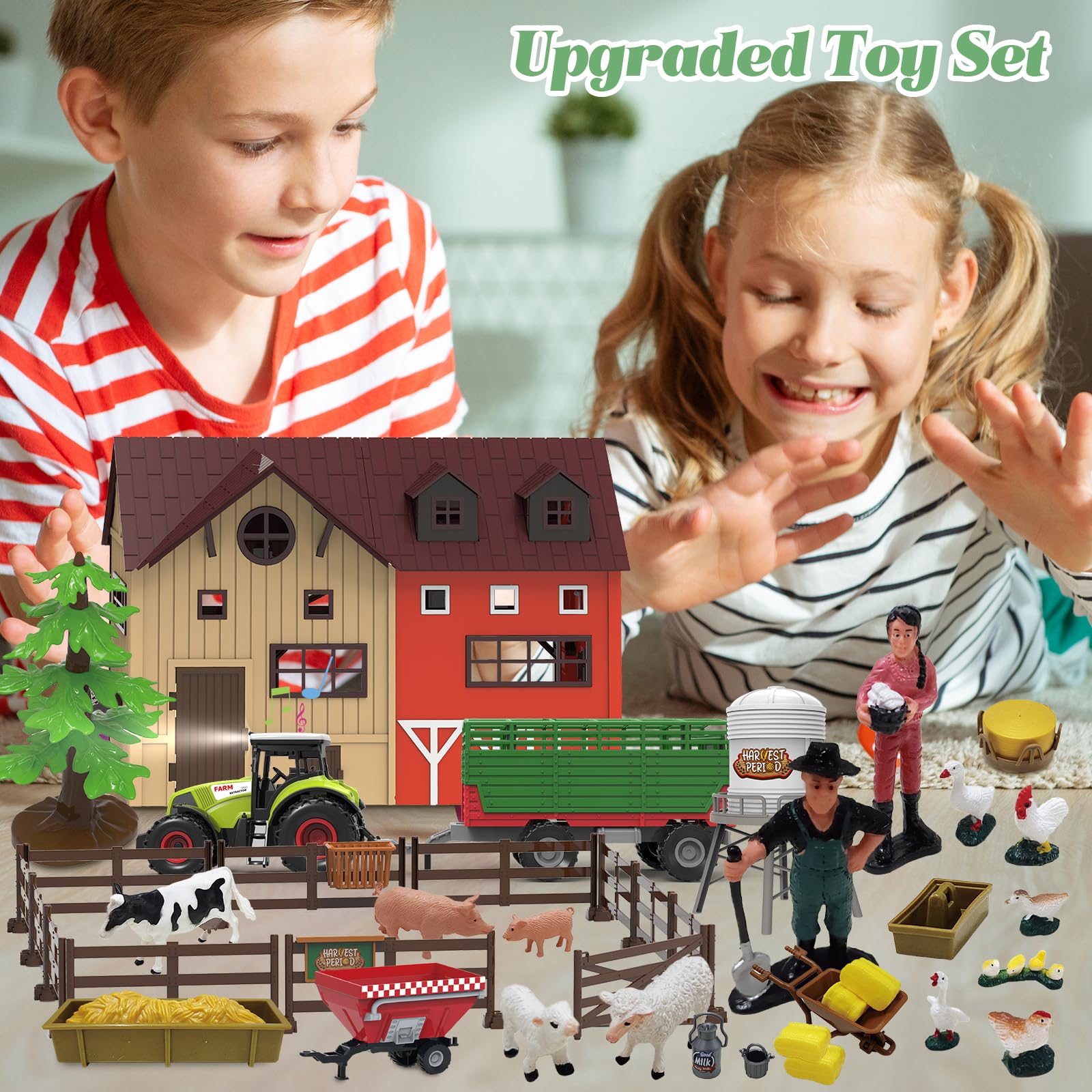 lonfypeng 109PCS Farm Animals Toys Set Comes with Barn, Rice Storehouse, Rice Trolley with Lights & Sounds, Milking shed, Farmer, Fence - Playset