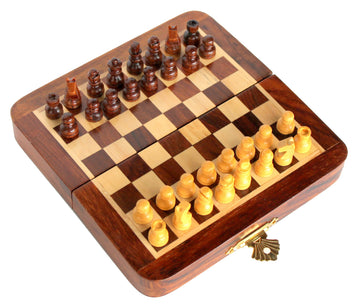 Stonkraft Collectible Folding Wooden Chess Set with Magnetic Crafted Pieces, 7" X 7"