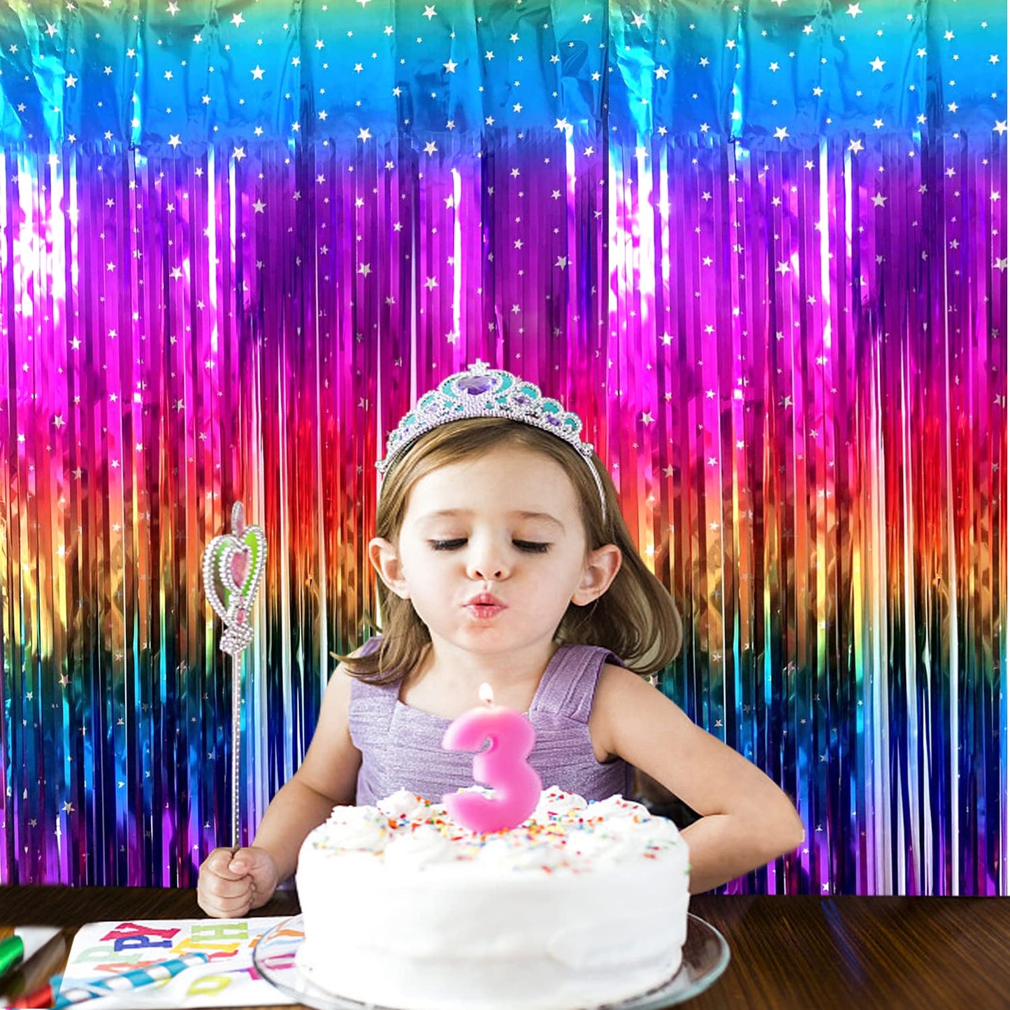 Rainbow Tinsel Foil Fringe Curtains 2 Pack Rainbow Party Decorations 3.3x6.6ft Metallic Streamers for Birthday Wedding Engagement Graduation Baby