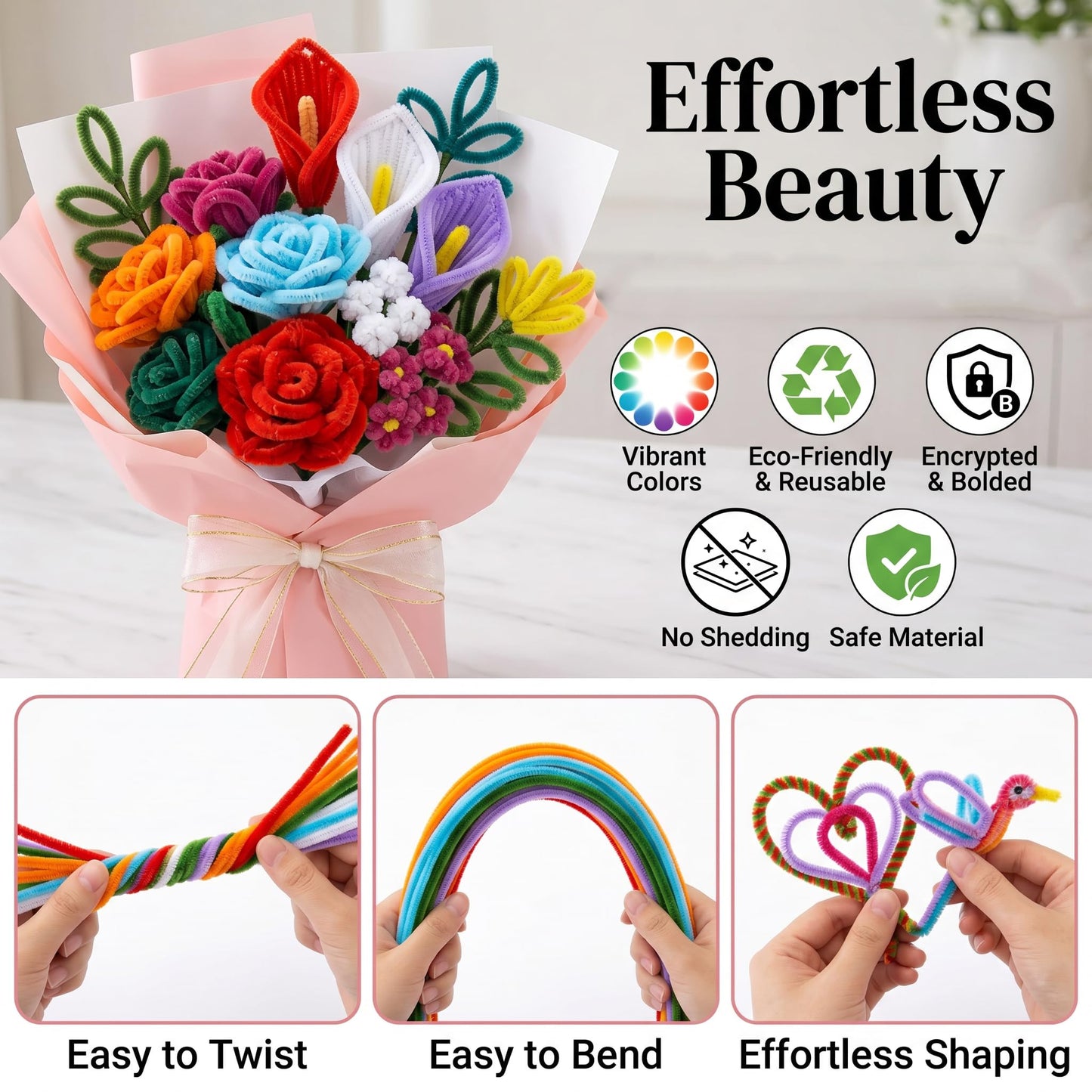 800 PCS Pipe Cleaners Flower Kit - 8 Colors Thickened Chenile Stems Craft Kit with Stems, Tape, Stamens, Manual, Greeting Card, Beauty DIY Flowers