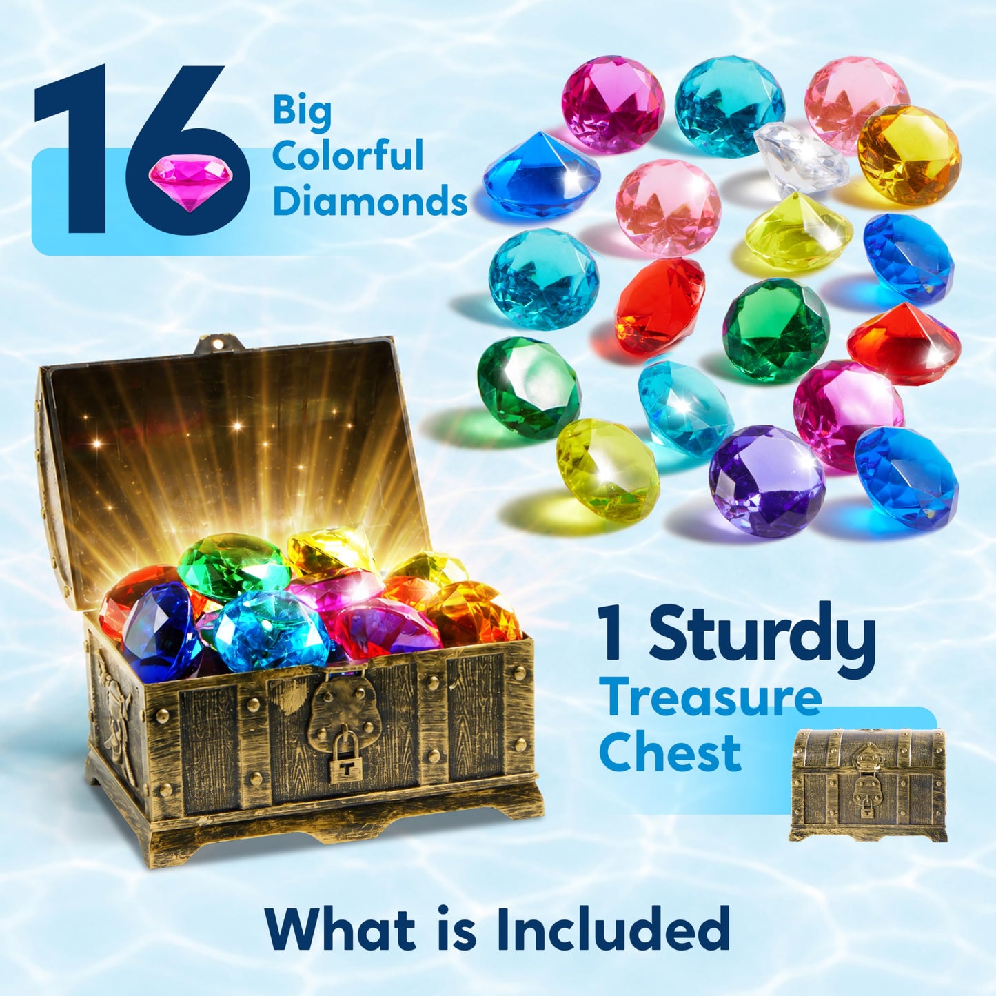 Sloosh Diving Gems Pool Toys, 16 Big Colorful Diamond with Pirate Treasure Chest,Swim Dive Toy for Kids Underwater Gemstone Swimming Training Gift