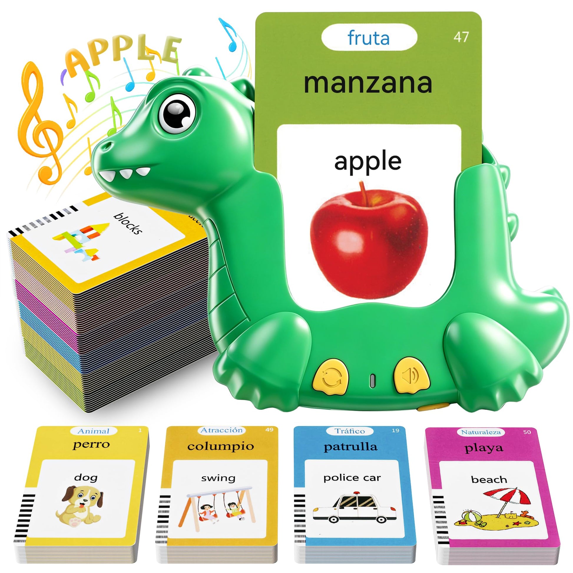 Spanish and English Talking Flash Cards for Kids, 510 Words, Dino Shaped