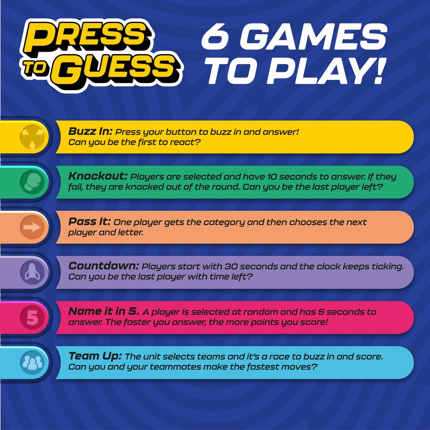 Buffalo Games - Press to Guess - Category Guessing Game - Electronic Game Board for Up to 6 Players - Guess and Challenge Guesses - Ages 8 and Up