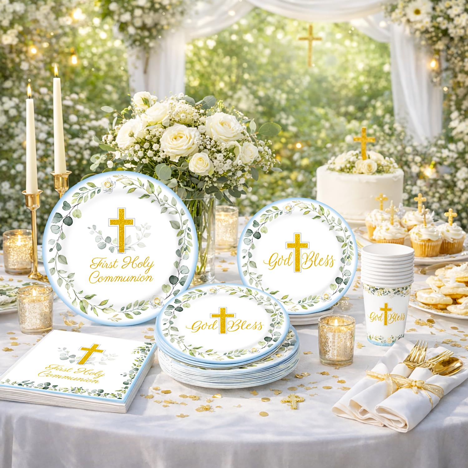 First Communion Decorations,Paper Plates and Napkins Set(Serves 25),Blue First Communion Decorations Mi Primera Comunion Party Decorations Included