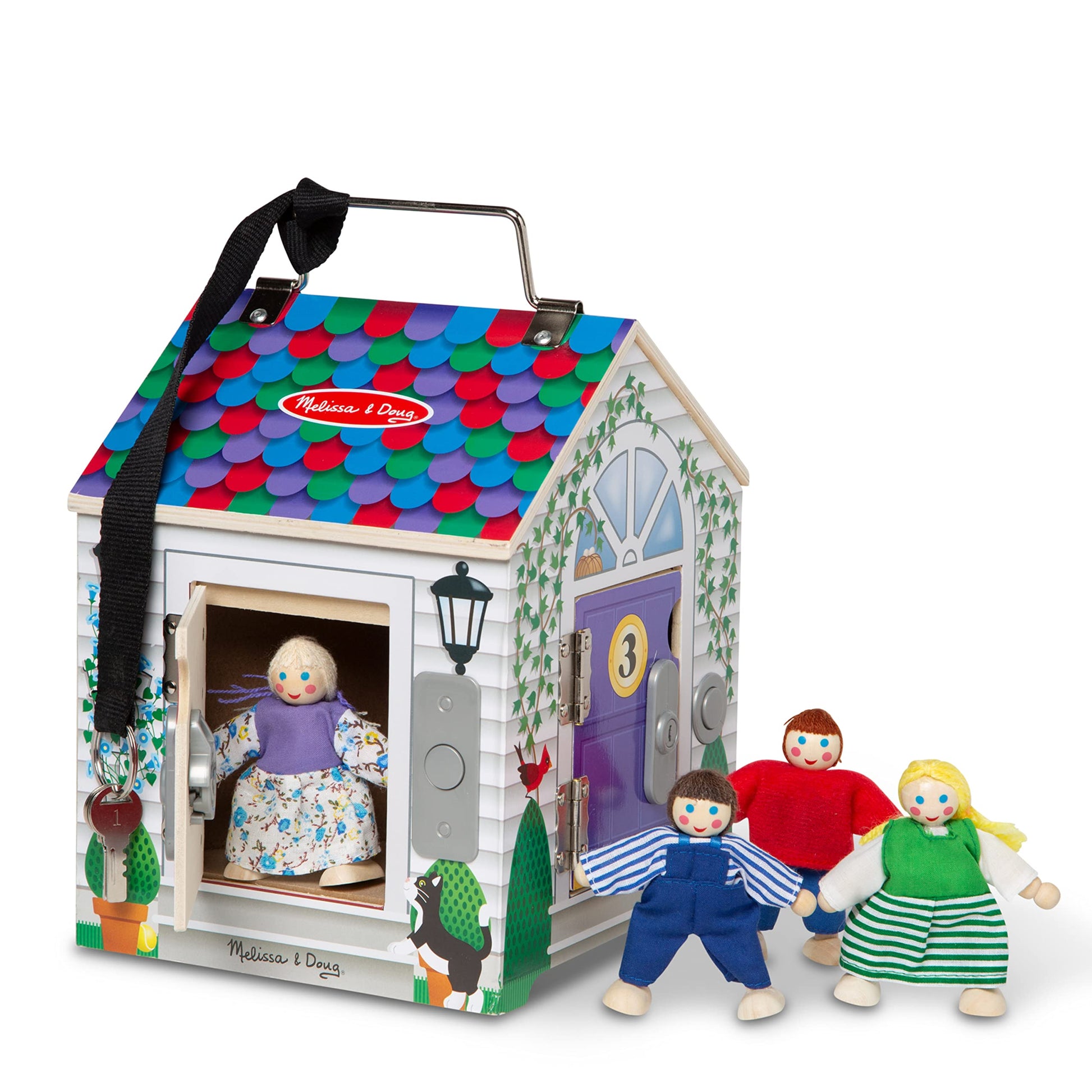 Melissa & Doug Take-Along Wooden Doorbell Dollhouse - Doorbell Sounds, Keys, 4 Poseable Wooden Dolls Portable Doll House, Doorbell House for Kids Ages