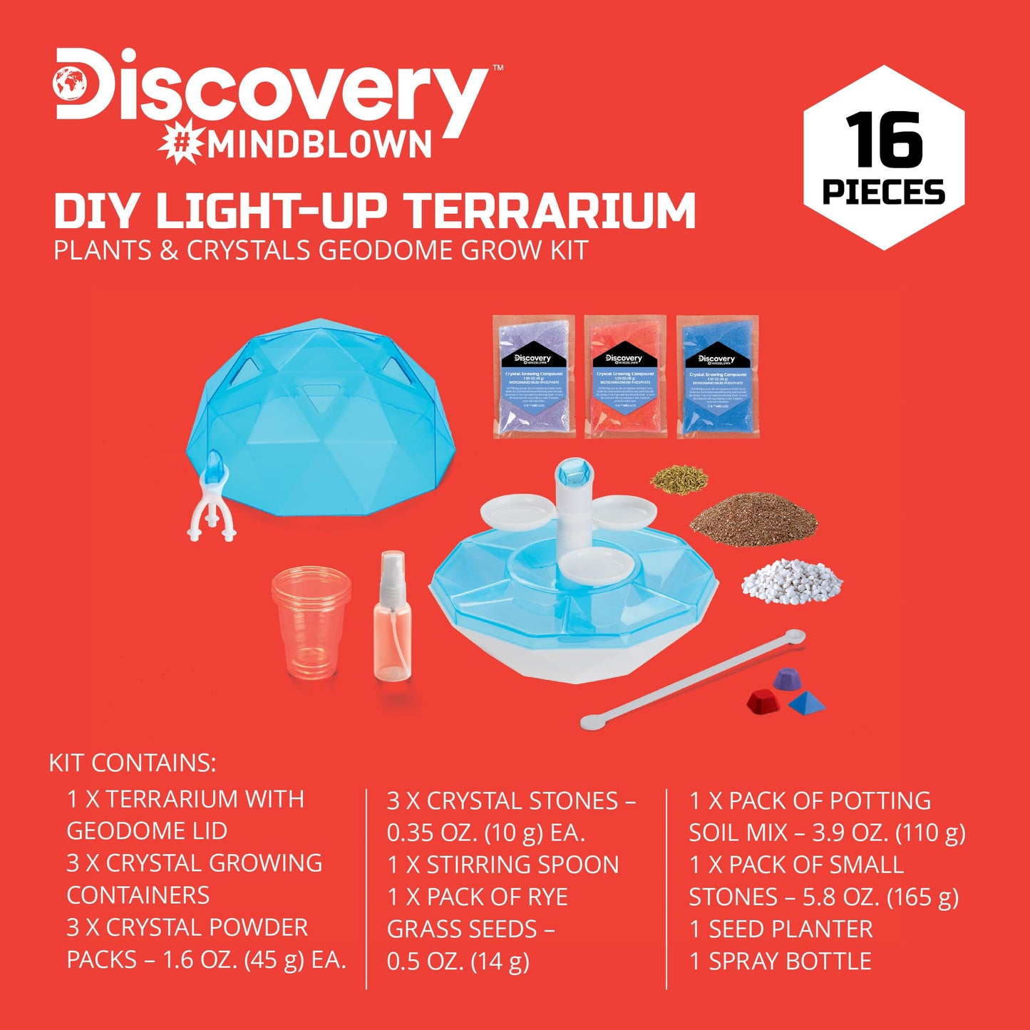 Discovery™ DIY Light-Up LED Terrarium - Plants & Crystals Geodome Grow Kit, 3 Colorful Crystal Formations, Rye Grass, Education STEM Activity Set
