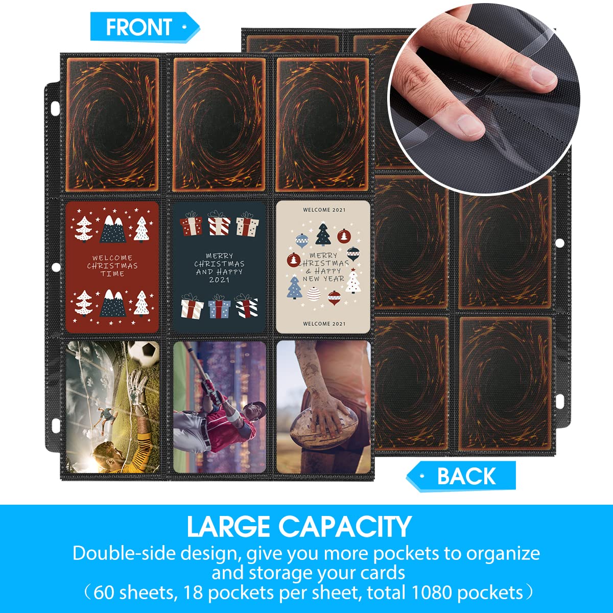 1080 Pockets Baseball Card Sleeves, JIQEZNL Premium 9 Pocket Card Sleeves Binder Sheets for 3 Ring Binder, Double Side Trading Card Protector Pages