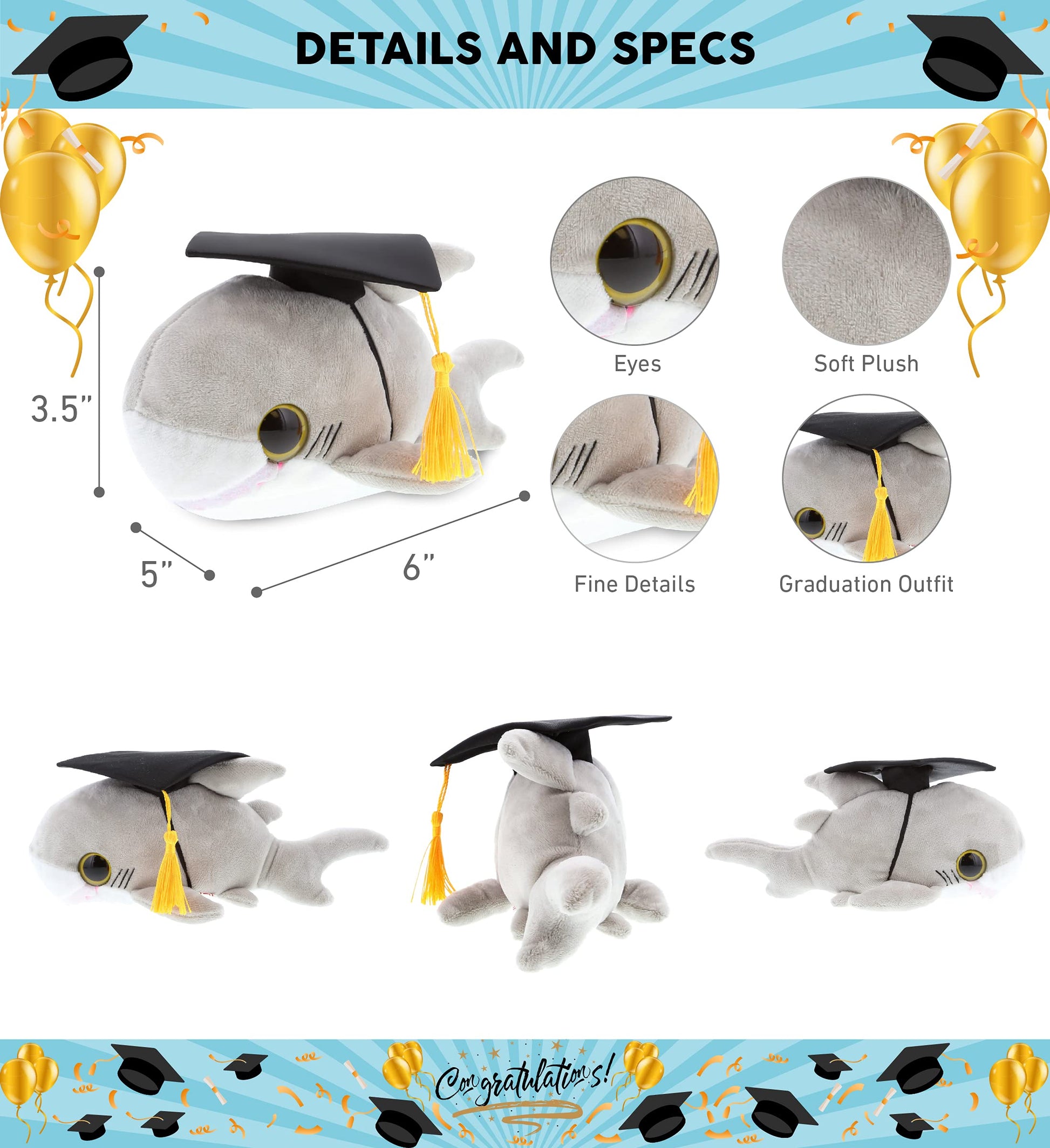 DolliBu Big Eye Shark Graduation Plush Stuffed Animal - Cute Graduation Gift Plush Toy, Graduation Shark Plush with Graduation Hat for Stuffed Animal
