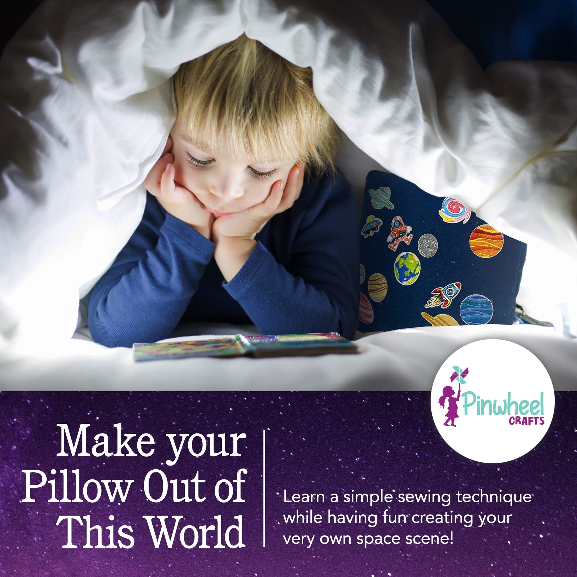 Pinwheel Crafts Beginner Sewing Kit for Kids 8-12 with Telescope - Astronomy Solar System Easy Sew Space Pillow Kit with Planet Patches - Make Your