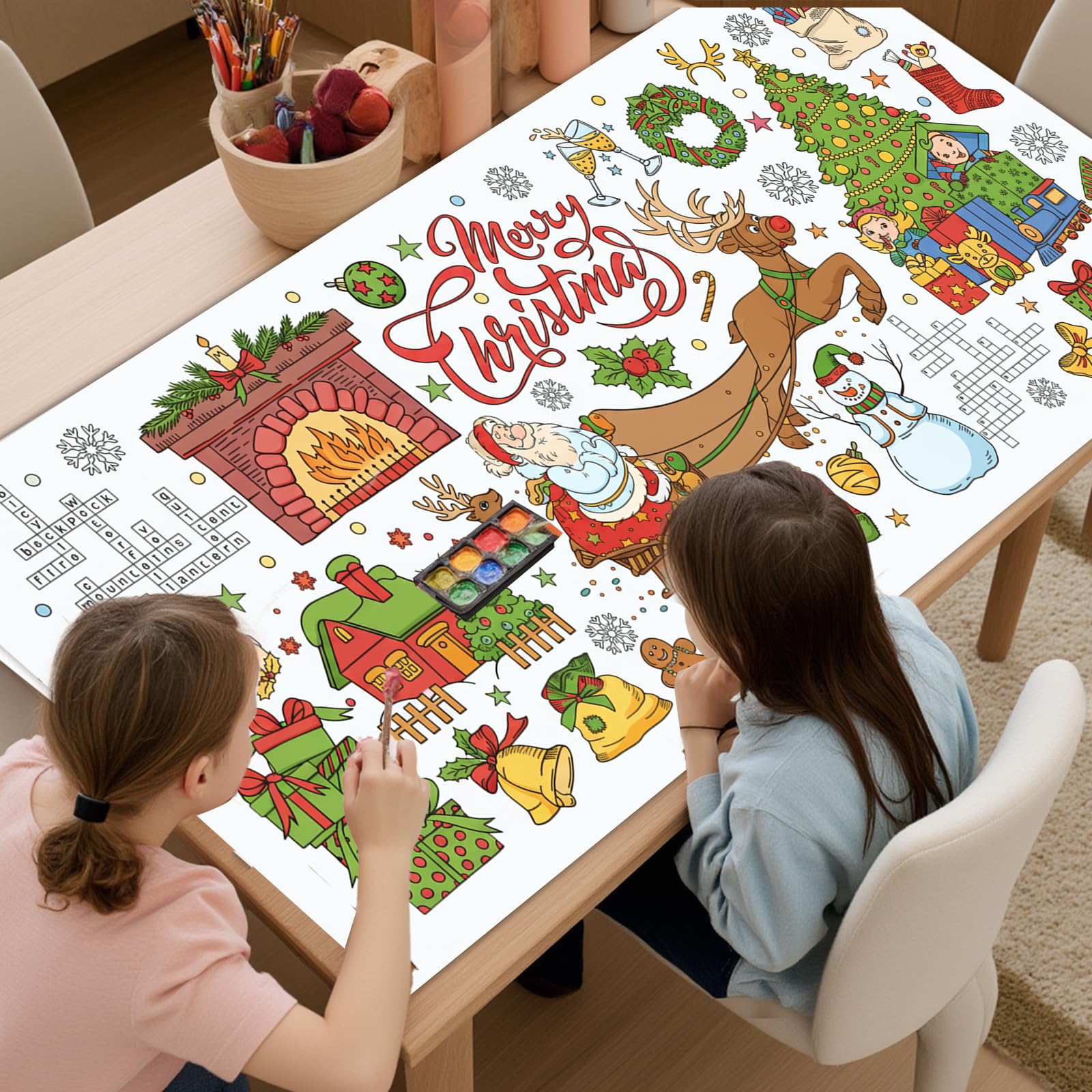 Christmas Coloring Tablecloth 31×72 Inch, Large Table Cover with Santa Claus, Reindeer, Paper Drawing Poster with Christmas Tree, Snowflakes and Gift