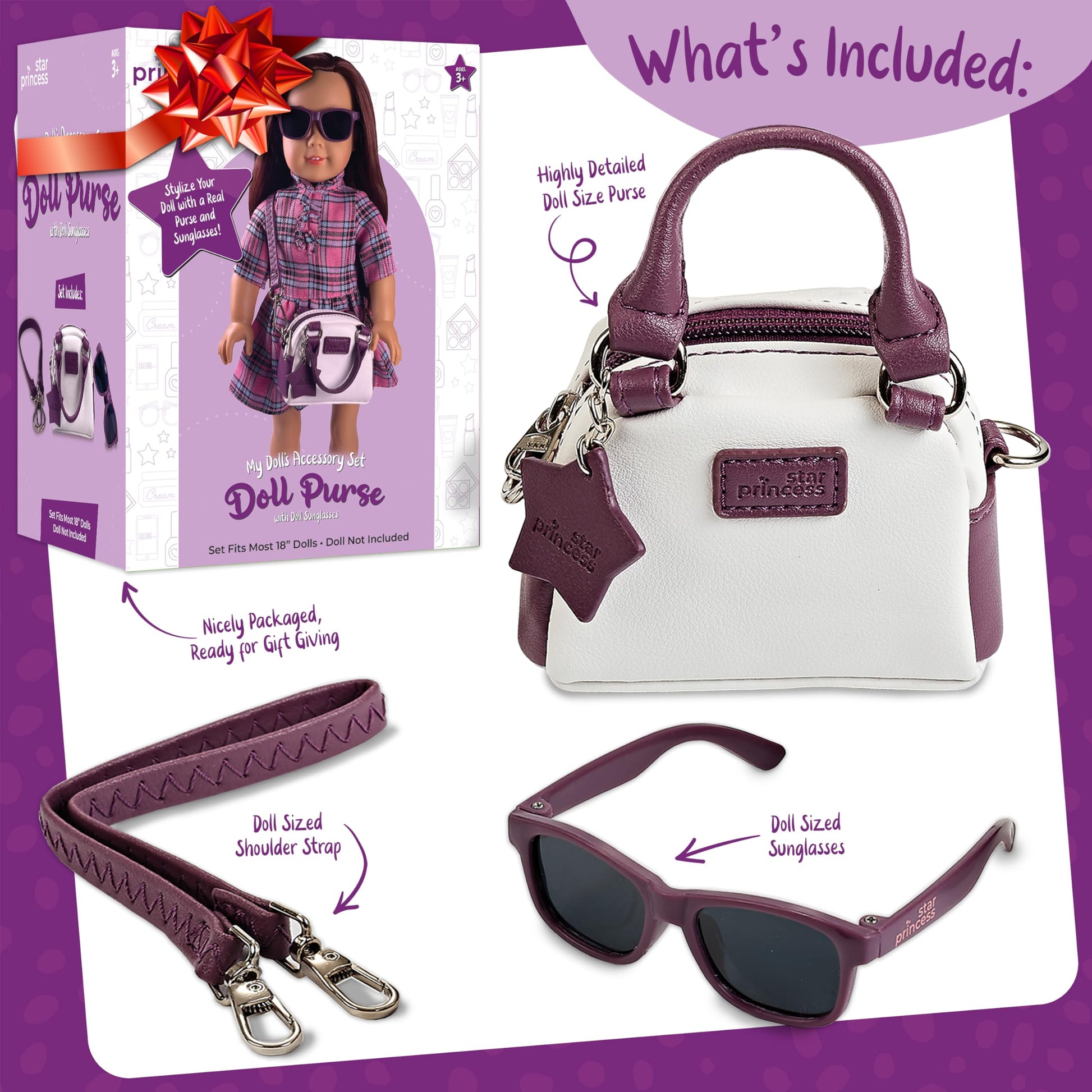 Doll Purse and Sunglasses for 18-Inch Dolls - Accessories Play Set for Kids Ages 3-12 - Excellent Gift for Girls and Toddlers