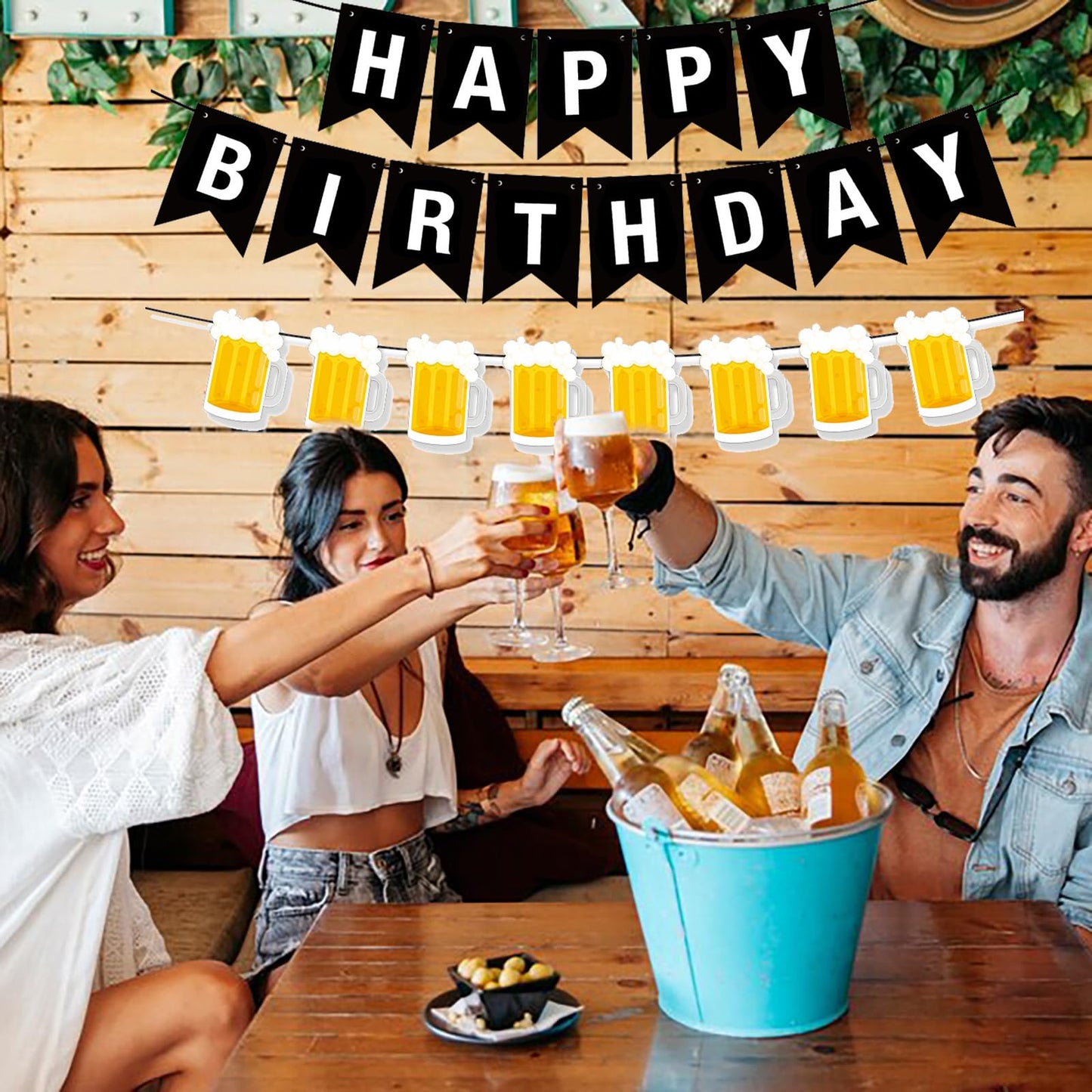 BIEUFBJI Beer Birthday Banner With Mug Pennant - Black and White Happy Birthday Decorations for Men and Women