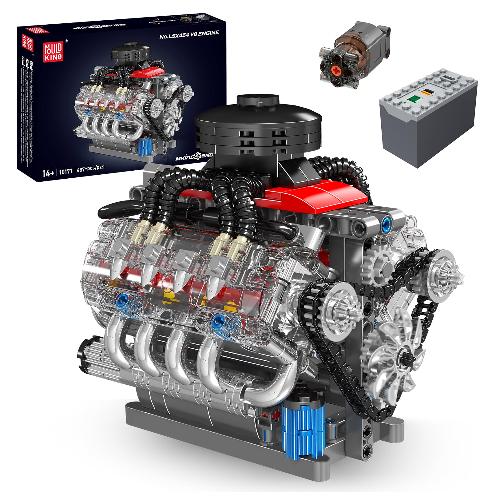 Mould King 10171 MOC Technology V8 Eight Cylinder Engine Series Gasoline Engine Block Kit Technology Clamp Blocks Kit Contains Engine and Battery Box