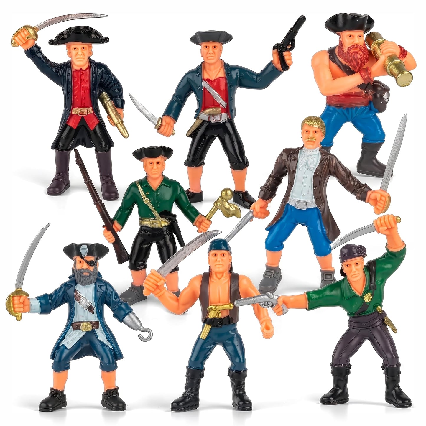 Liberty Imports 8 Piece Pirate Action Figures Playset in Assorted Poses and Weapons, Fun Pirate Men Party Favor for Kids (3.5 inch)