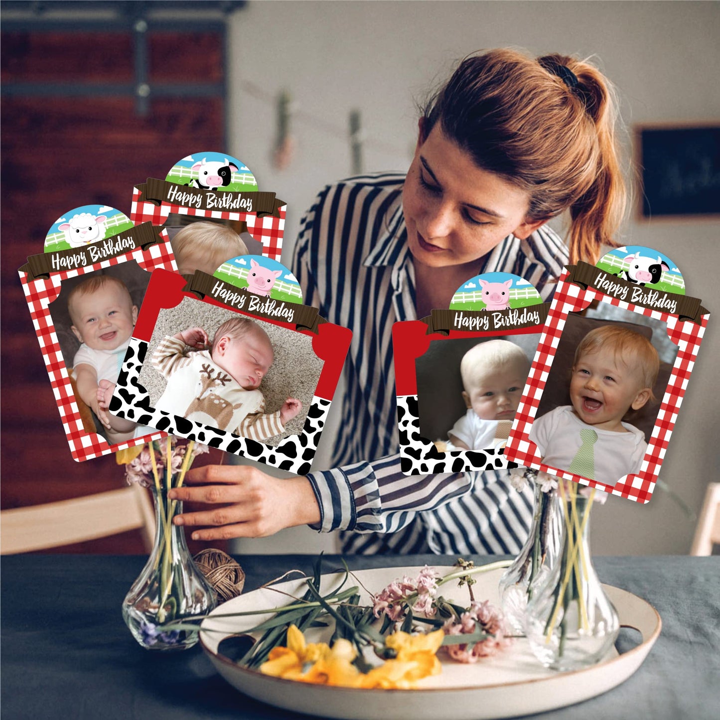 Big Dot of Happiness Farm Animals - Barnyard Birthday Party Picture Centerpiece Sticks - Photo Table Toppers - 15 Pieces