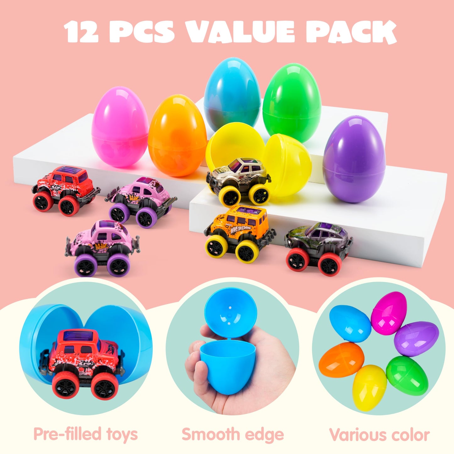 JOYIN 12 Pcs Easter Eggs Filled with Pull Back Monster Cars, Easter Trucks Cars for Kids Egg Hunt, Basket Stuffers Filler and Classroom Prize
