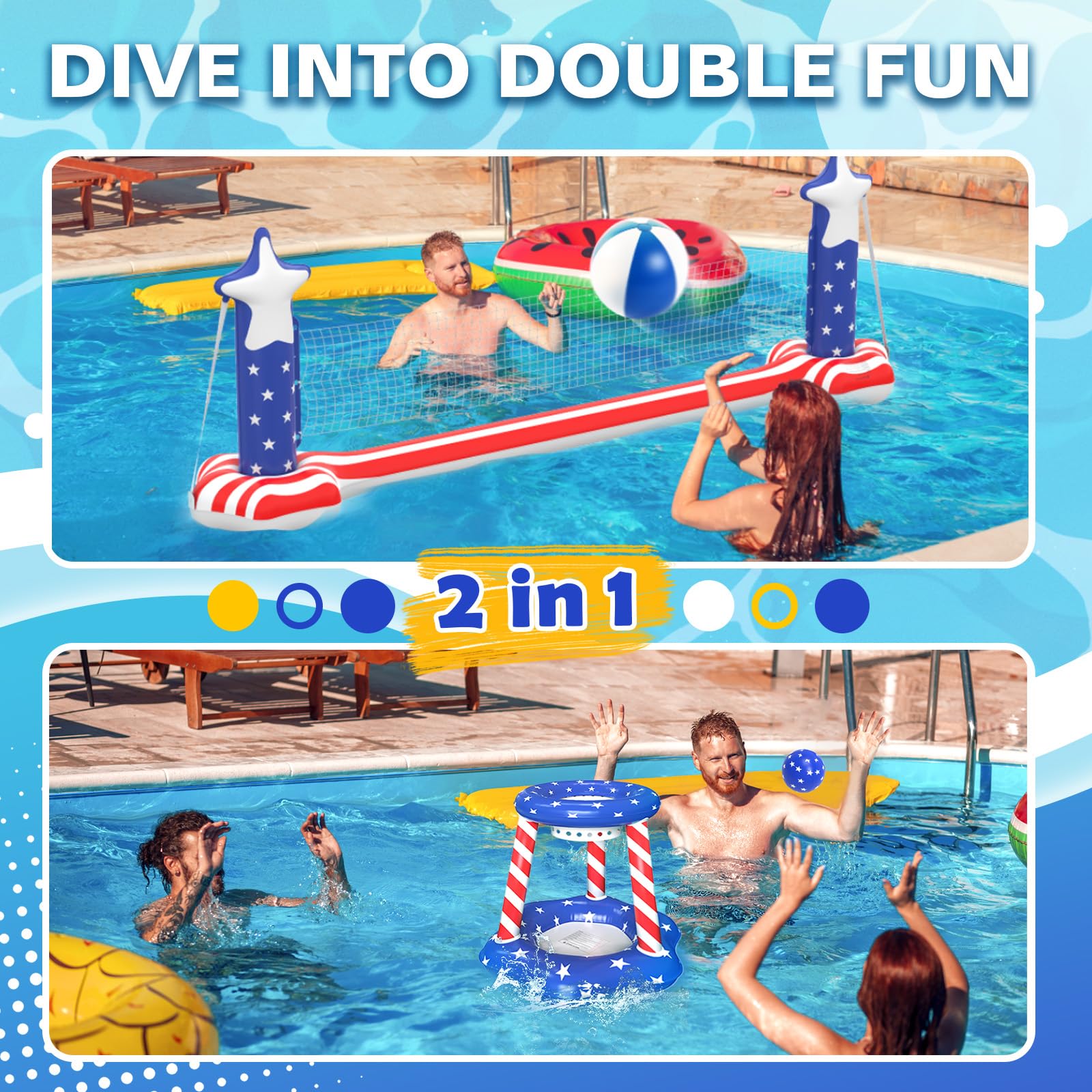 Aotiooy 4th of July Pool Toys Games Set, 2 in 1 Inflatable Volleyball Net & Basketball Hoop, Large Water Floating Volleyball Toy Summer Party for Kids