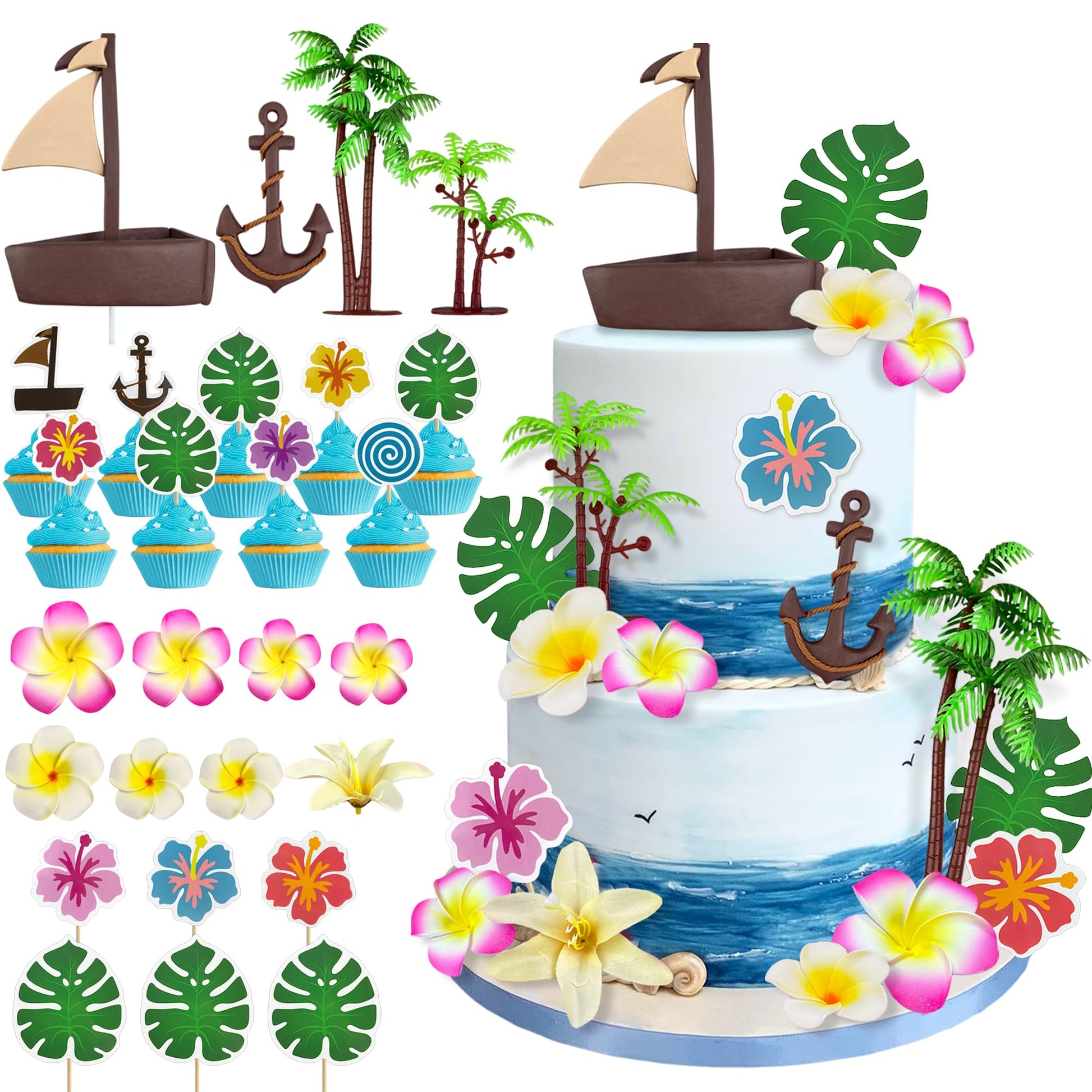 27PCS Coconut Tree Boat Hook Flower Cake Top Flower Cake Decoration Boat Birthday Party Decoration Supplies