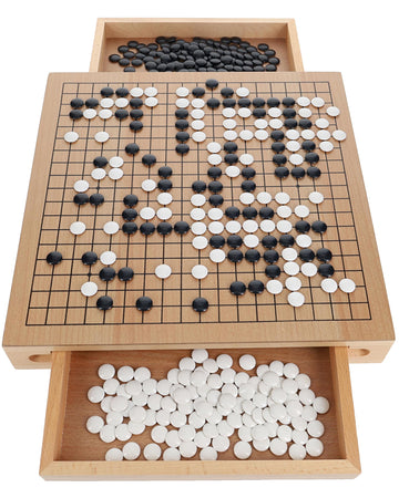 WE Games Go Game Set 12 Inch - Traditional Go Set with Pull-Out Storage Drawers, Portable Wood Veneer Goban, Strategy Board Games for Adults, Go Board