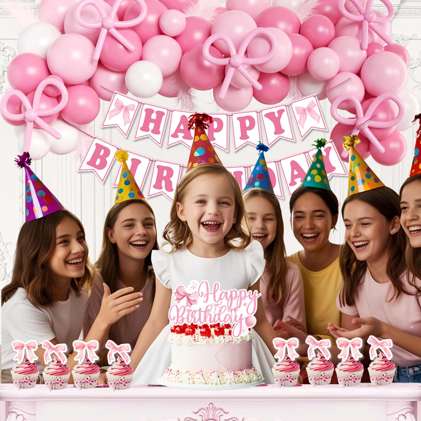 Pink Bow Birthday Decorations for Girls Women, Coquette Birthday Decorations, Fringe Curtain, Foil Balloons, Cake Toppers, Bows Theme Party Decor Girl
