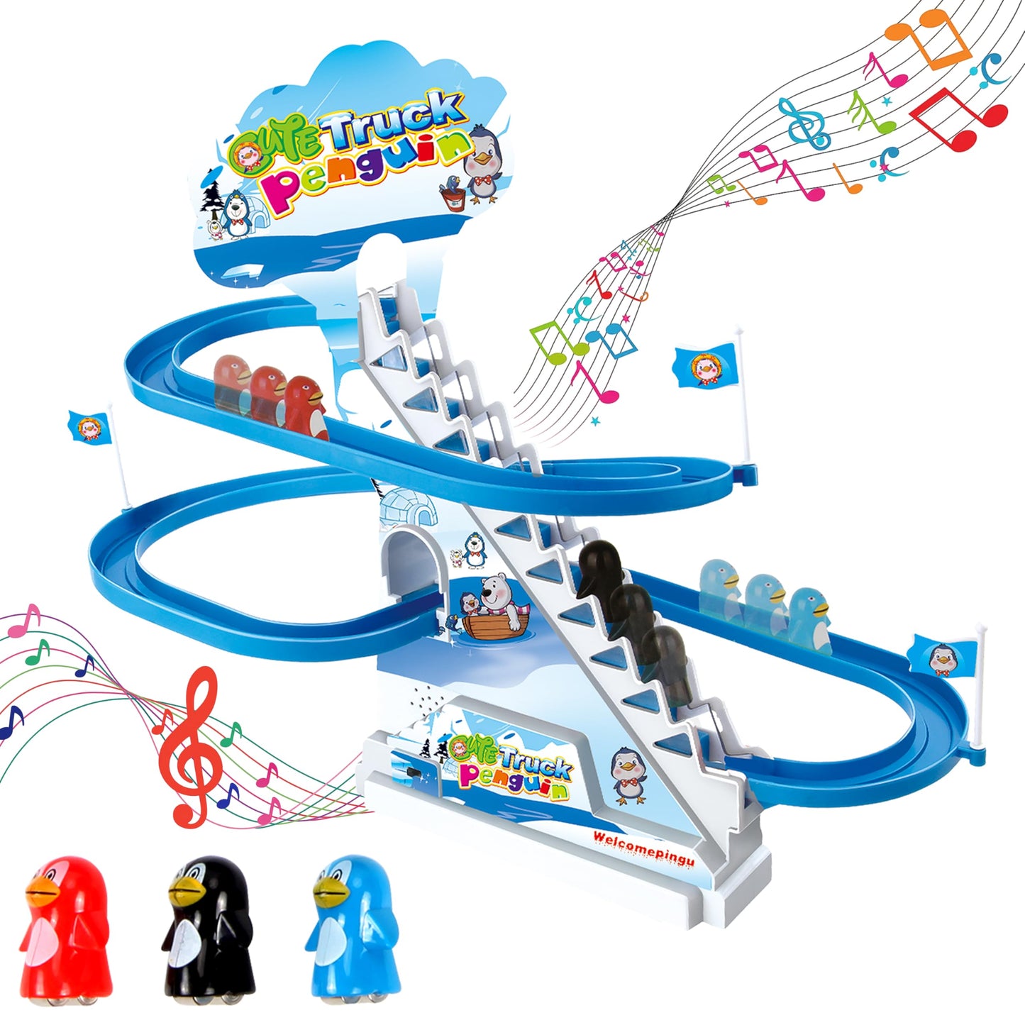 ARSUK Penguin Race Game Toy Playful Musical Roller Coaster Track Playset with Music & LED Flashing Lights On/Off Button for Toddlers and Kids Gift