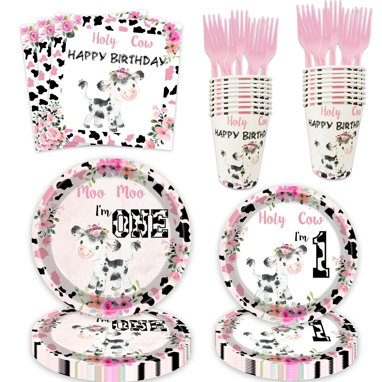 100 Pcs Holy Cow I'm One Birthday Decorations Girl Tableware Cow Print 1st Birthday Party Supplies Includes Plates, Forks, Cups, Napkins for Girls One