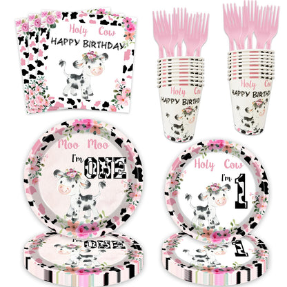 100 Pcs Holy Cow I'm One Birthday Decorations Girl Tableware Cow Print 1st Birthday Party Supplies Includes Plates, Forks, Cups, Napkins for Girls One