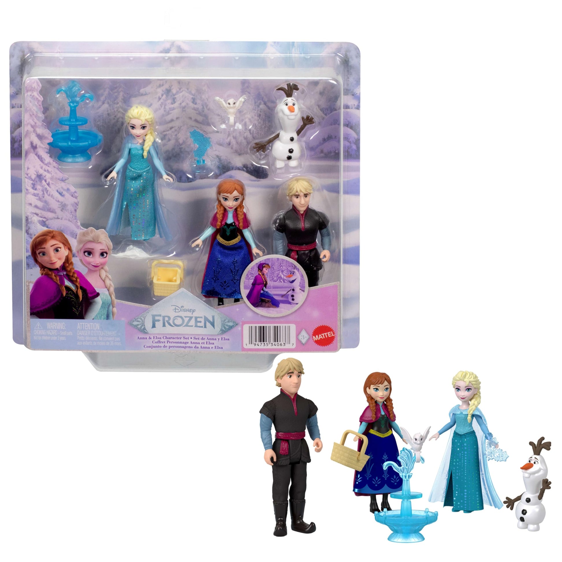 Mattel Disney Frozen Toys, Small Doll 4-Pack with Anna, Elsa, Kristoff & Olaf, Plus Fountain and 3 Storytelling Accessories, Inspired by Movie