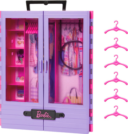 Barbie Fashionistas Ultimate Closet & 6 Hangars, Purple with Fold-Out Rack & Carrying Handle, Portable Storage for Fashion Doll Clothes & Accessories