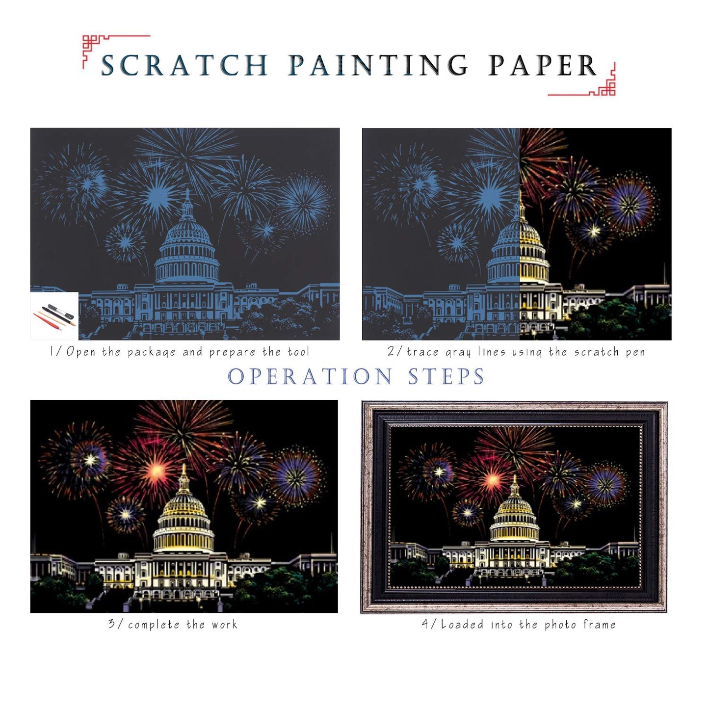 Scratch Art for Adults and Kids-City Landmarks Scratch Painting Craft Kit (8 Sheets A4)|DIY Foil Engraving Art Set|Stress Relief Gift for Travel