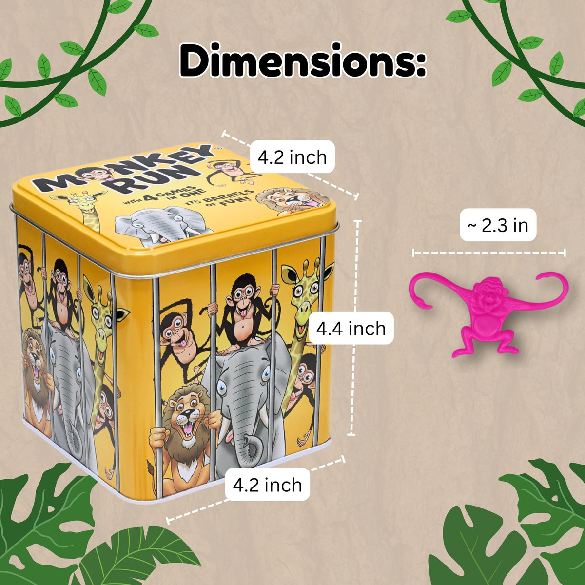 TDC Games Monkey Run - Monkey Linking Chain Game in Tin Box, 32 Colorful Animal Figures, Four Games in One, Travel Games for 1-4 Players, Dexterity
