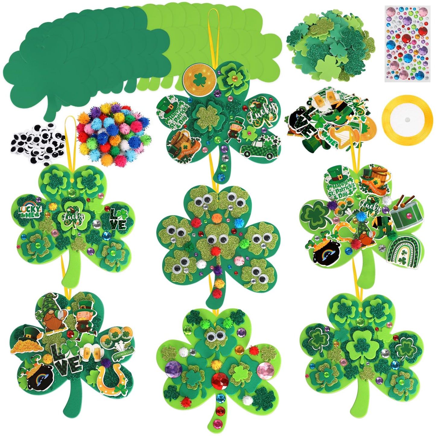 Openfly 24 Sets St. Patrick's Day Shamrock Ornaments DIY St. Patrick's Day Foam Craft Kit Irish Clover Shamrock Foam Stickers Self-Adhesive Craft