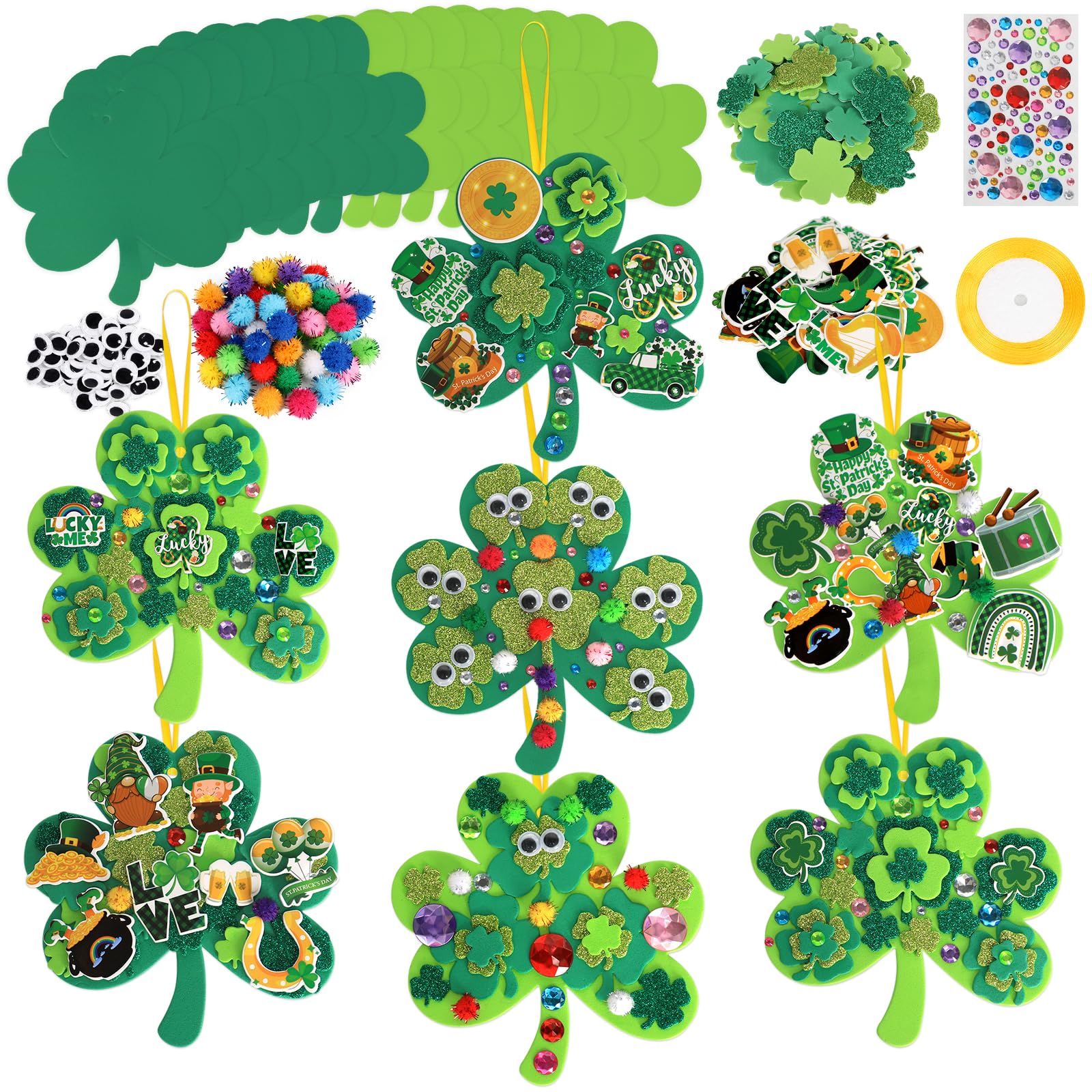 Openfly 24 Sets St. Patrick's Day Shamrock Ornaments DIY St. Patrick's Day Foam Craft Kit Irish Clover Shamrock Foam Stickers Self-Adhesive Craft